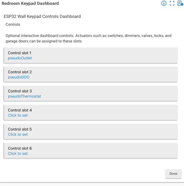 ESP32 Wall Keypad Controls Dashboard page with six Control slots. Slots 1-3 are set to pseudoOutlet, pseudoGDO, and pseudoThermostat; slots 4-6 read 'Click to set'
