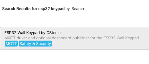 HPM search results for ESP32 keypad, showing the ESP32 Wall Keypad by CSteele package tagged MQTT and Safety & Security