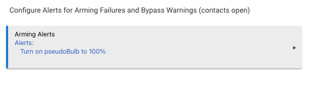 HSM Configure Alerts for Arming Failures and Bypass Warnings section, with an Arming Alerts action set to turn on pseudoBulb to 100%