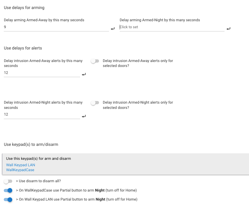 HSM arming and alert delay configuration, showing Use delays for arming, Use delays for alerts, and Use keypad(s) to arm/disarm with Wall Keypad LAN and WallKeypadCase selected, plus per-keypad toggles for disarm-to-disarm-all and Partial button behavior