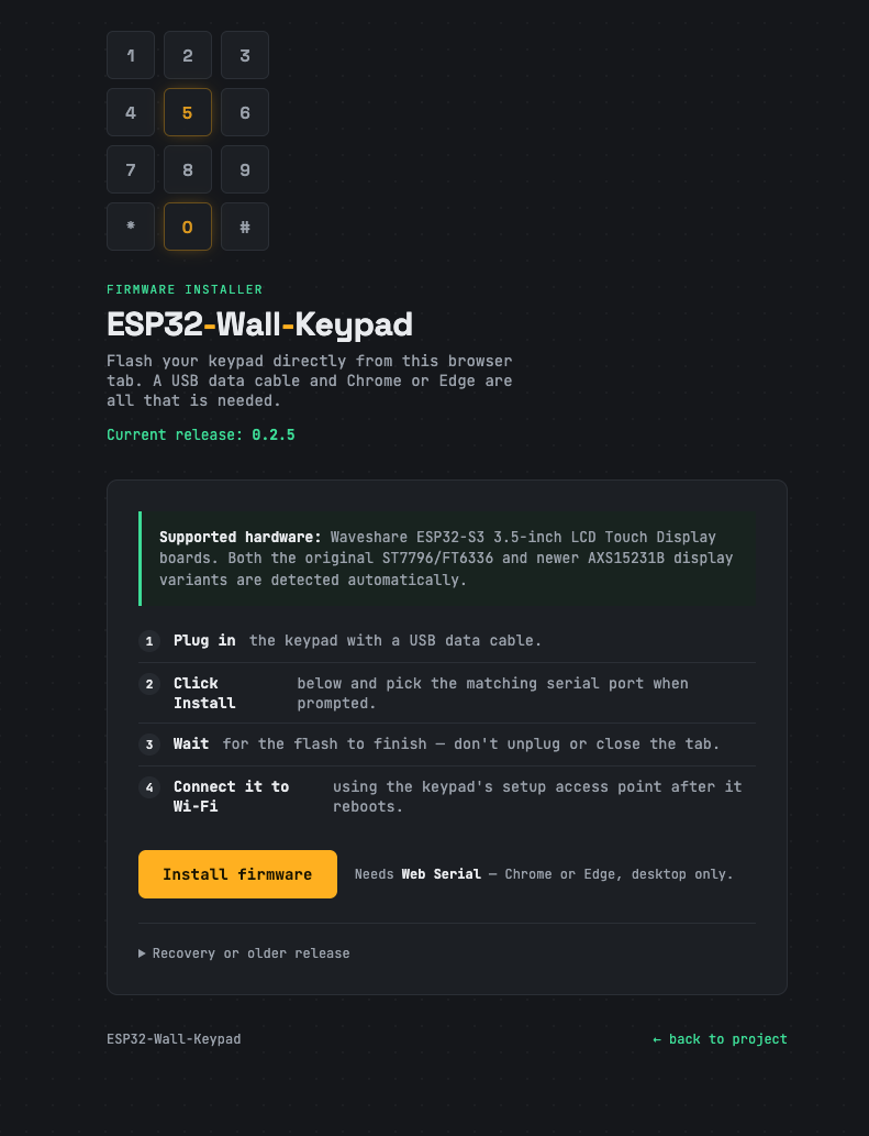 ESP32-Wall-Keypad firmware installer page, showing supported hardware, four numbered steps, an Install firmware button, and a note that Web Serial requires Chrome or Edge on desktop