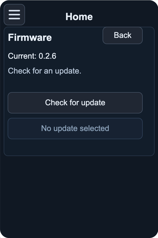 Keypad Firmware screen showing Current: 0.2.6, Check for an update, a Check for update button, and a grayed-out No update selected button