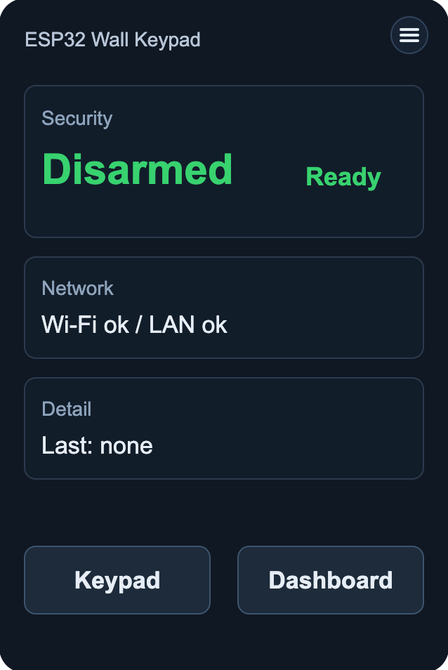 ESP32 Wall Keypad Home screen showing Security: Disarmed / Ready, Network: Wi-Fi ok / LAN ok, Detail: Last none, with Keypad and Dashboard buttons at the bottom