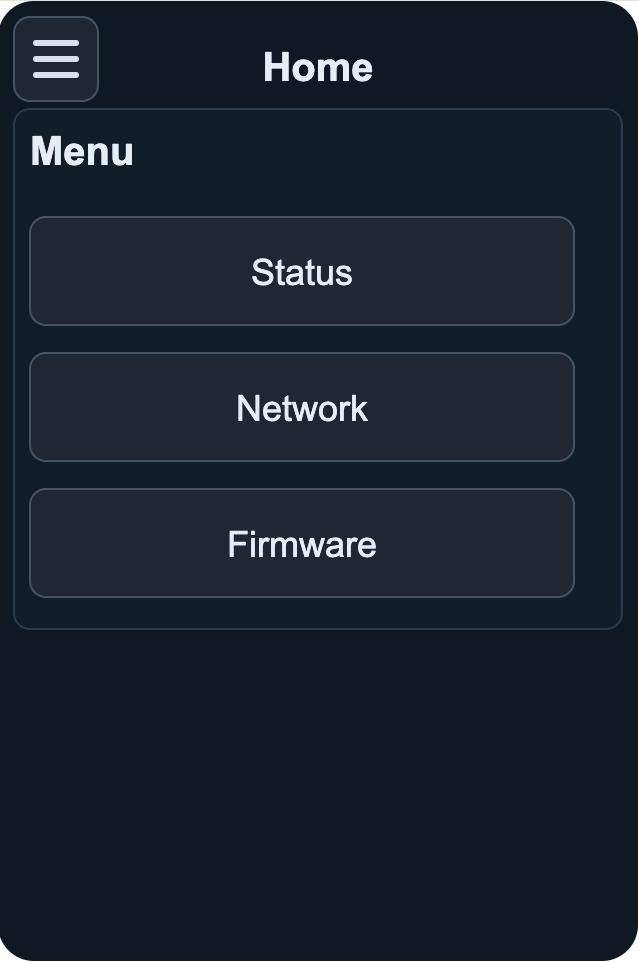 Keypad Menu screen with three buttons: Status, Network, and Firmware