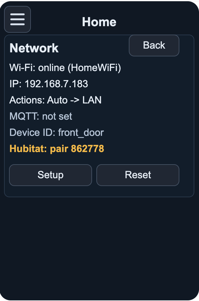 Keypad Network screen showing Wi-Fi: online (HomeWiFi), IP: 192.168.7.183, Actions: Auto -> LAN, MQTT: not set, Device ID: front_door, and Hubitat: pair 862778 highlighted in orange, with Setup and Reset buttons