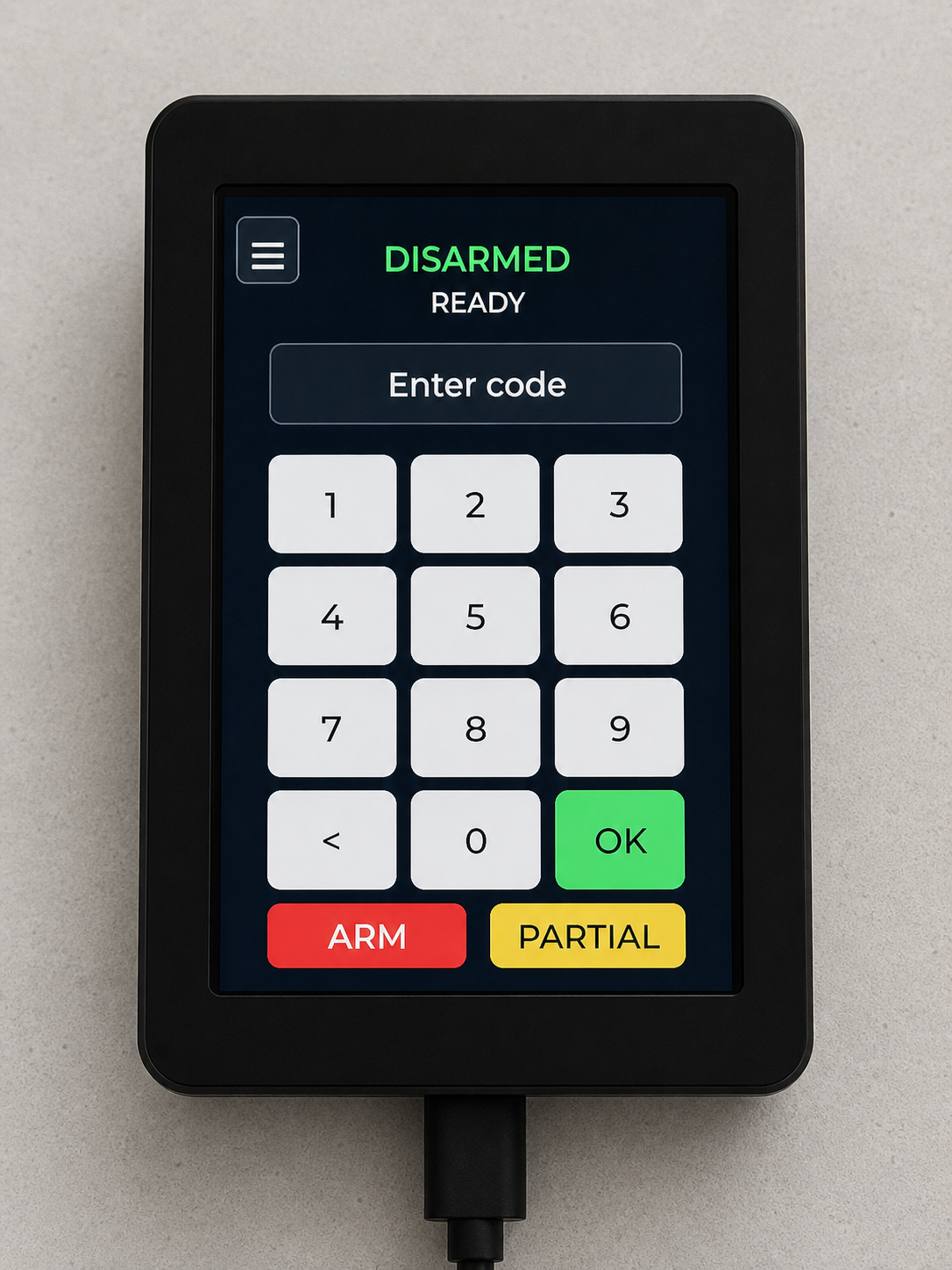 ESP32 Wall Keypad showing its disarmed keypad screen, mounted with a USB-C cable connected