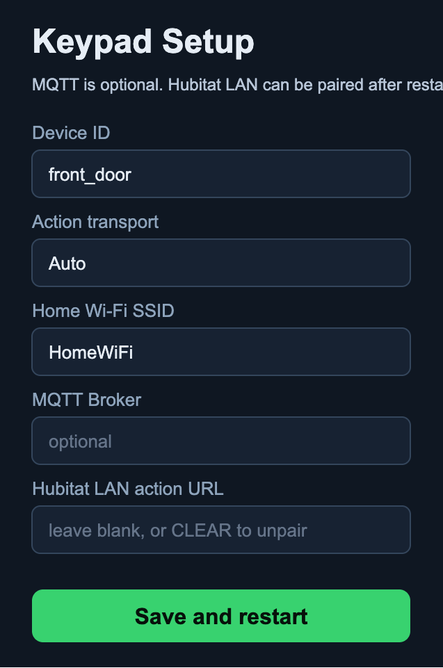 Keypad Setup page with fields for Device ID, Action transport, Home Wi-Fi SSID, MQTT Broker, and Hubitat LAN action URL, and a Save and restart button